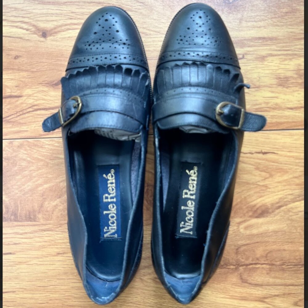 Vintage Brogue Fringe Slip-On Leather Flats Sz 7.5 Fall Dark Academia